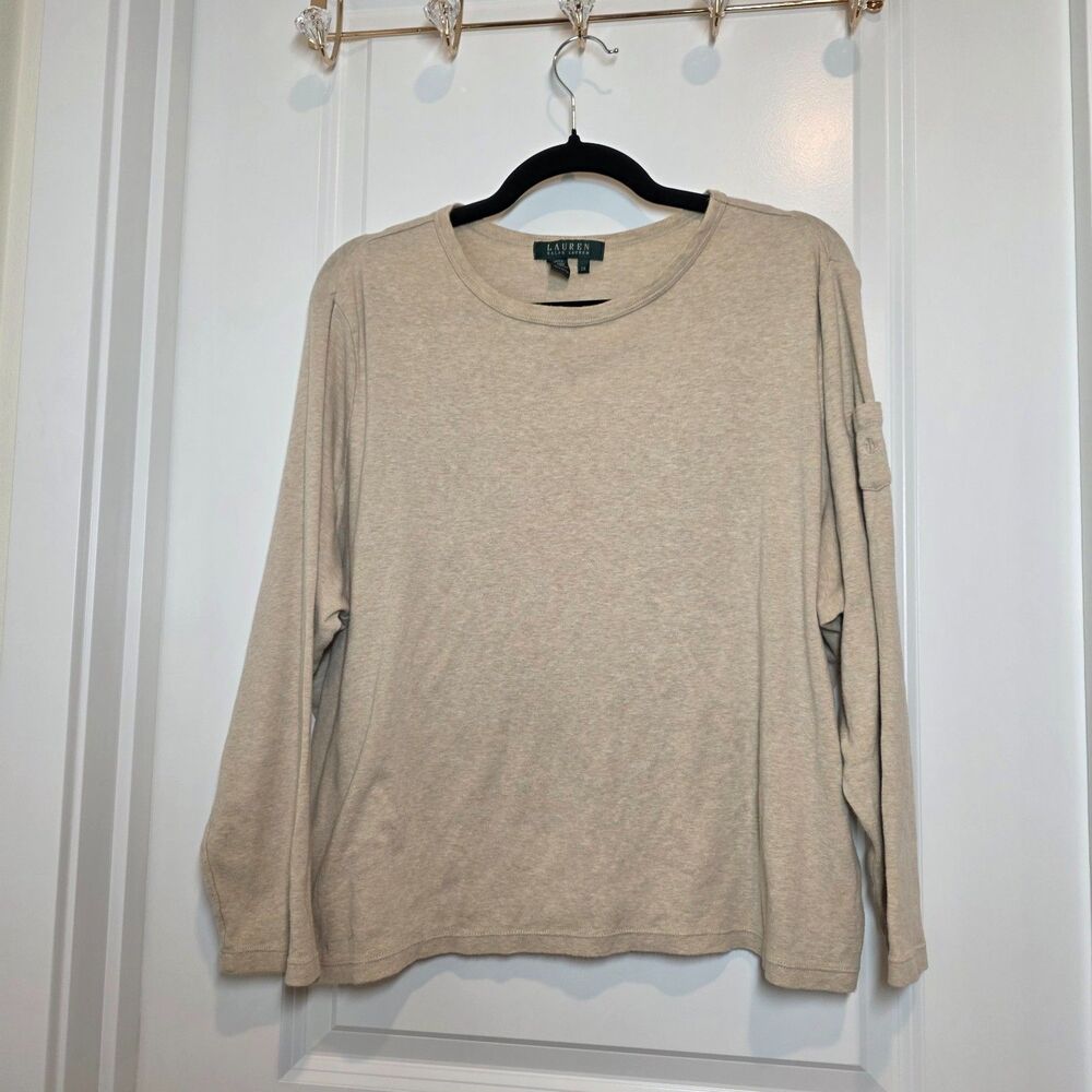 Lauren Ralph Lauren Beige Knit Long Sleeve Top Womens 2X Crewneck Sleeve Pocket